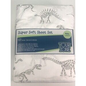 Dinosaur Full Size Bed Sheet Set 4pc Fossil Skeleton Bones Microfiber Kids Gray